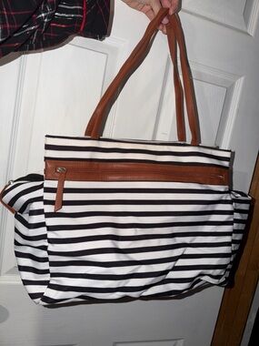 DSW shoe / toe bag Striped Canvas Tote Bag with Brown Leather Trim